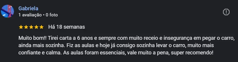 Print do depoimento de Gabriela no Google sobre a Dirija Fácil