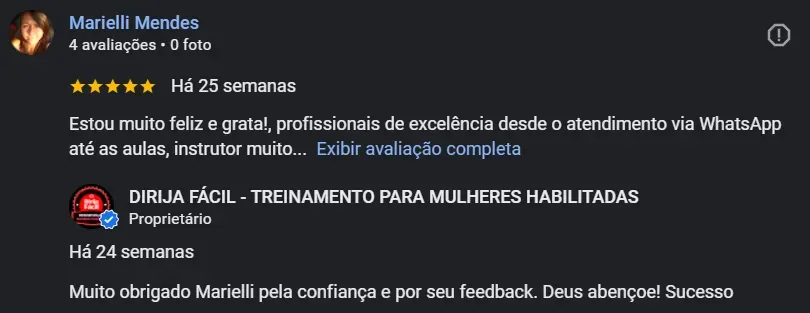 Print do depoimento de Marielli Mendes no Google sobre a Dirija Fácil