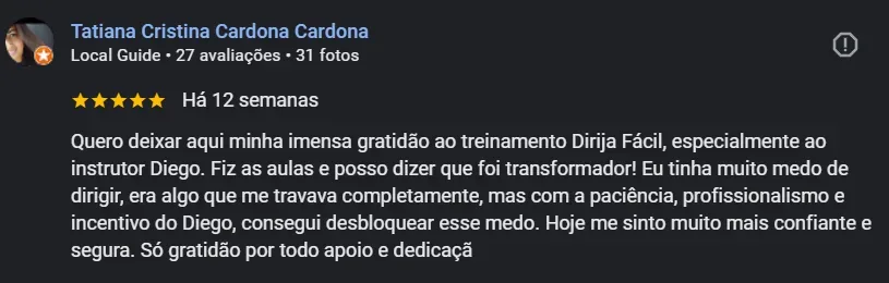 Print do depoimento de Tatiana no Google sobre a Dirija Fácil